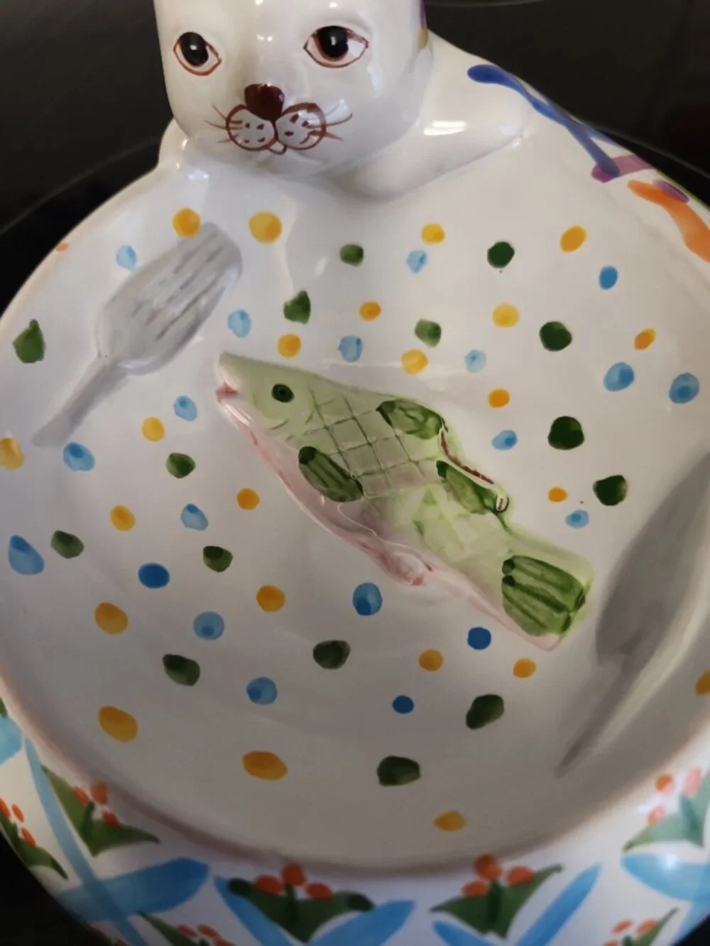 Vintage Hand Painted Cat Clay Pottery Cat Food Bowl 7